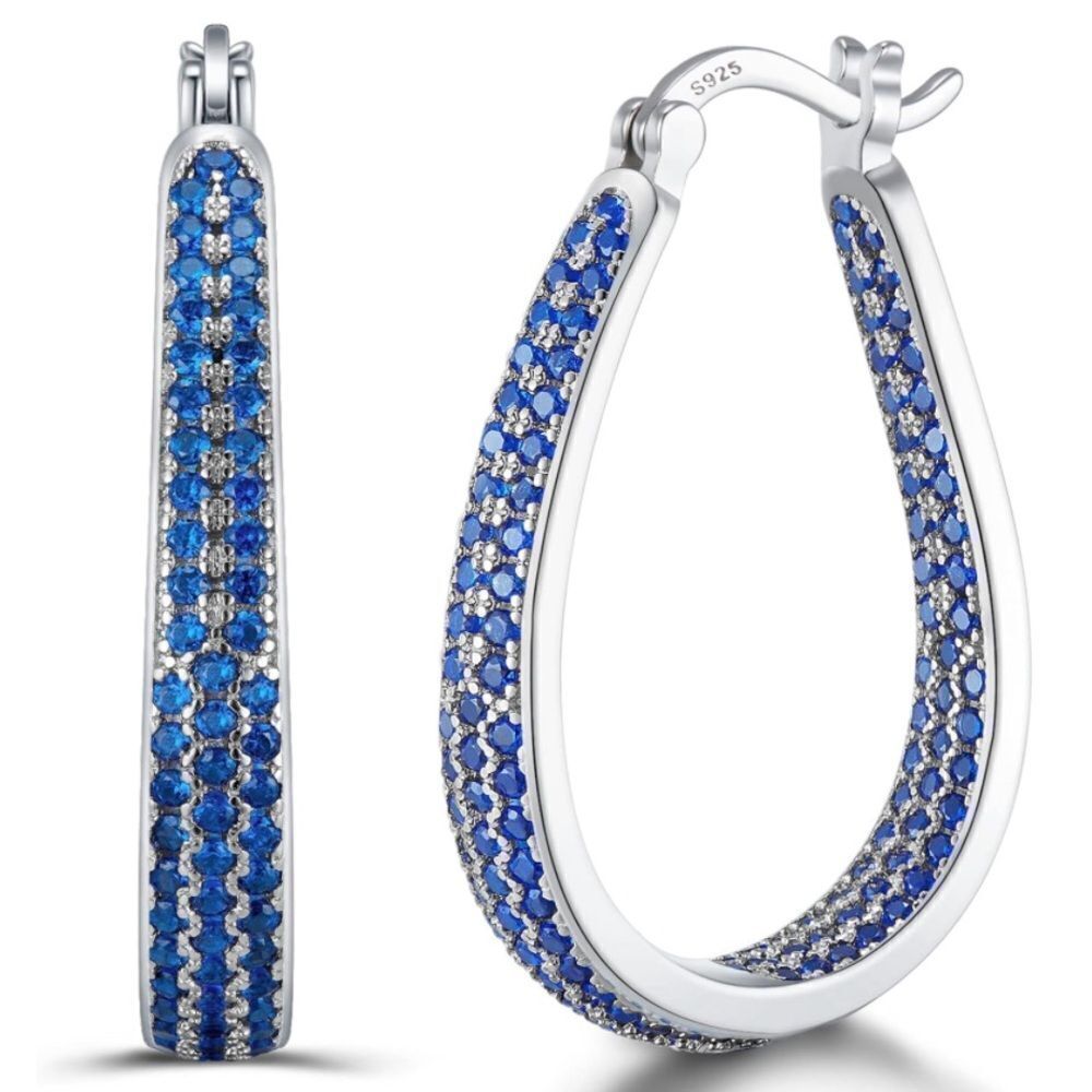 14K White Gold Sterling Silver with Blue Sapphire Cubic Zirconia Hoop Earrings